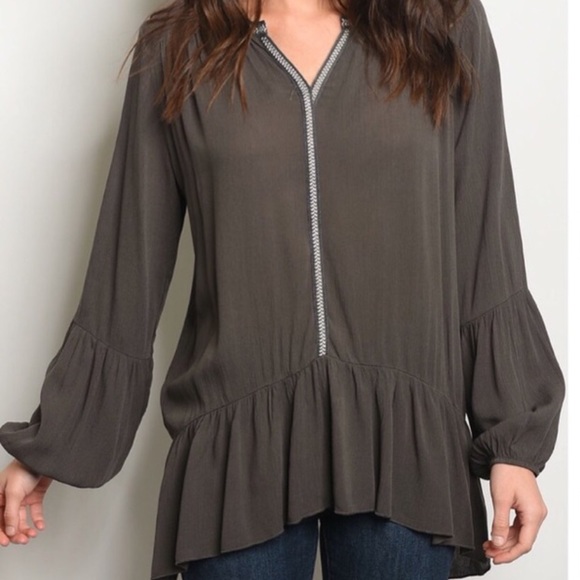 LAST 1❤️SHARP LONG SLEEVE RUFFLED OLIVE TUNIC TOP - Picture 6 of 8